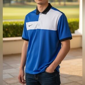NIKE DRI‎ FIT BLUE BLACK AND WHITE GOLD POLO SIZE MEDIUM